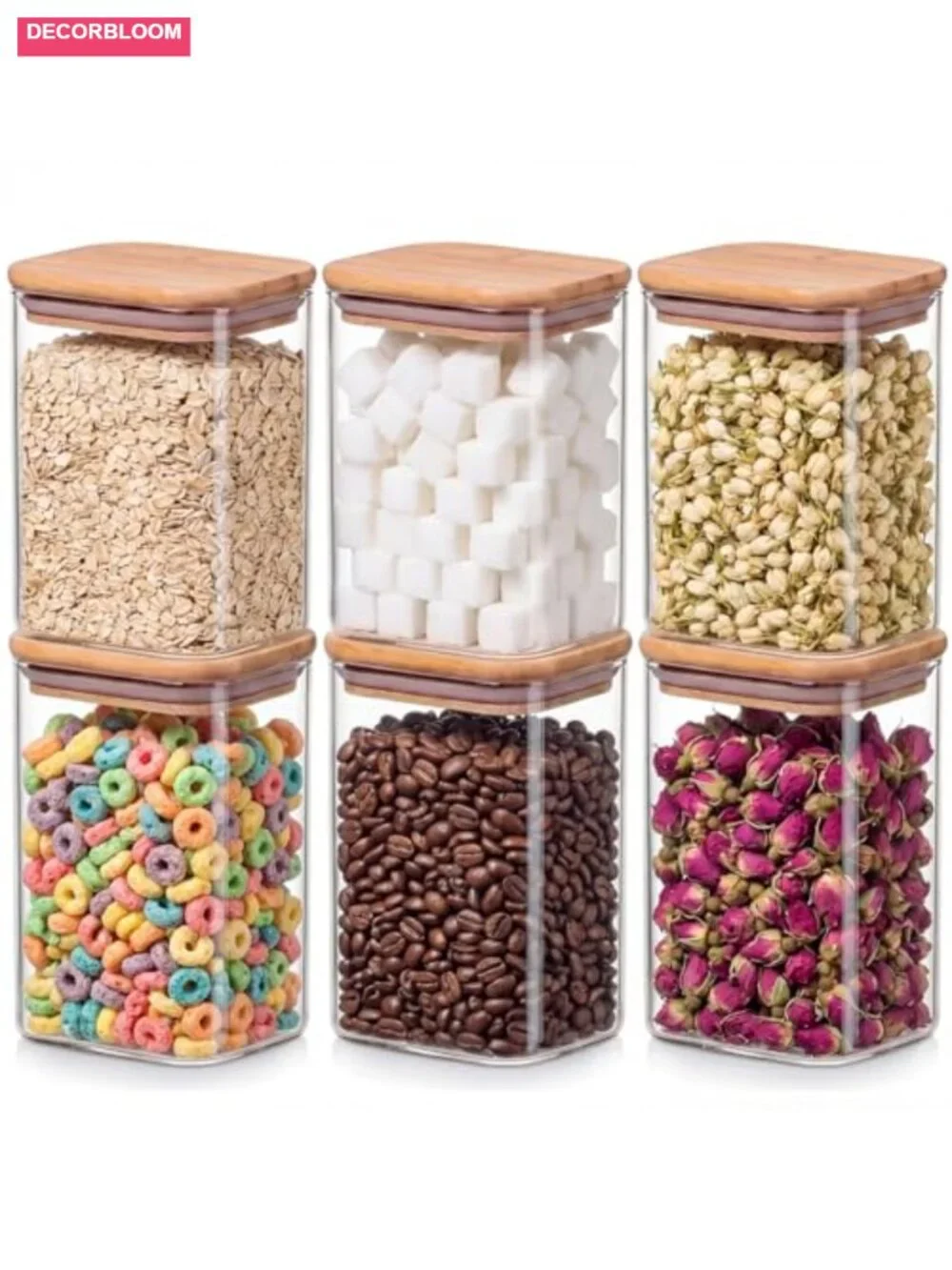 6-Pack 1.2Qt Rectangle Glass Storage Jars with Bamboo Lids - Airtight Food
